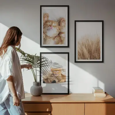 Set de 3 cuadros decorativos para salón con diseño boho de gatos y perros