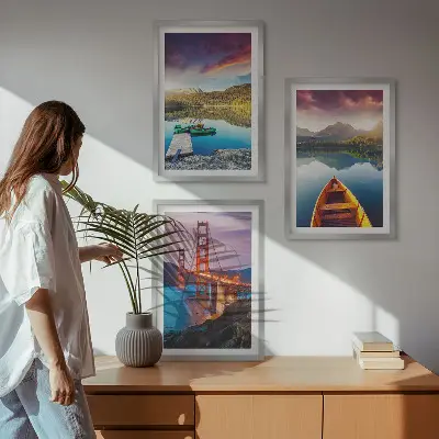 Set de 3 cuadros para salón con vistas a las montañas, el lago y los puentes
