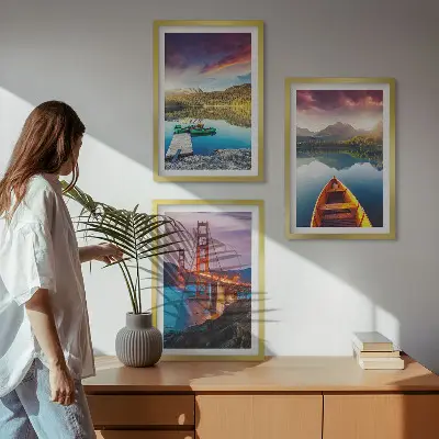 Set de 3 cuadros para salón con vistas a las montañas, el lago y los puentes