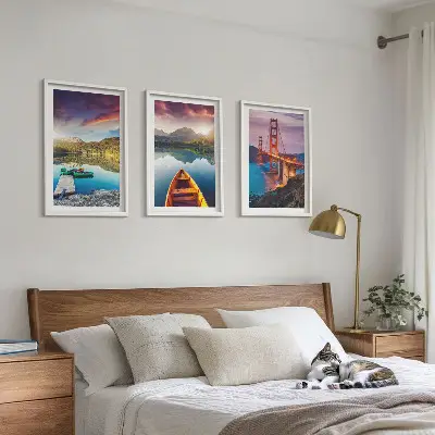 Set de 3 cuadros para salón con vistas a las montañas, el lago y los puentes