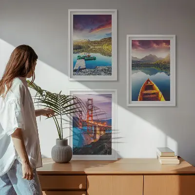 Set de 3 cuadros para salón con vistas a las montañas, el lago y los puentes