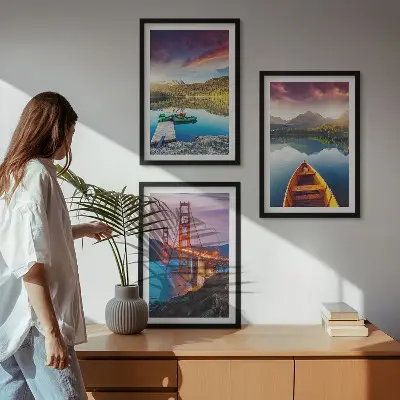 Set de 3 cuadros para salón con vistas a las montañas, el lago y los puentes