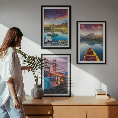 Set de 3 cuadros para salón Vistas de las montañas, el lago y los puentes.
