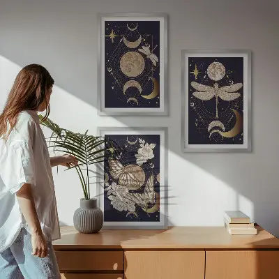 Juego de 3 cuadros motivos de la naturaleza con flores de luna