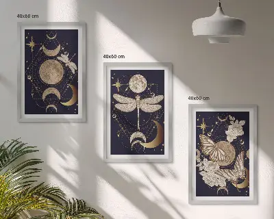 Juego de 3 cuadros motivos de la naturaleza con flores de luna