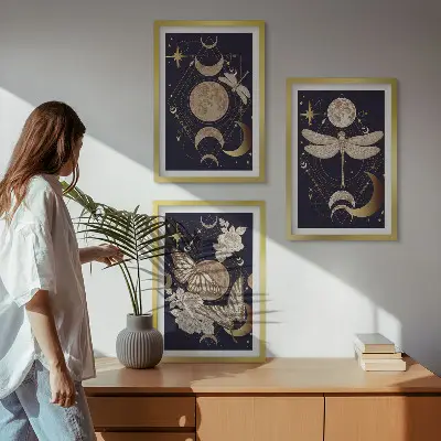 Juego de 3 cuadros motivos de la naturaleza con flores de luna