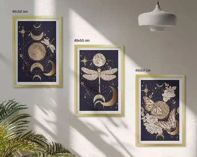 Juego de 3 cuadros motivos de la naturaleza con flores de luna