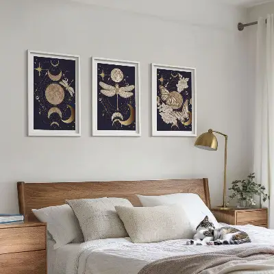 Juego de 3 cuadros motivos de la naturaleza con flores de luna