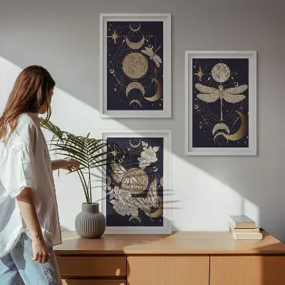 Juego de 3 cuadros motivos de la naturaleza con flores de luna