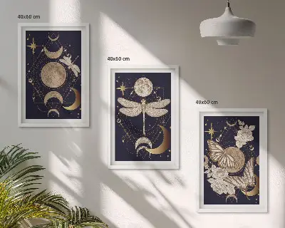 Juego de 3 cuadros motivos de la naturaleza con flores de luna