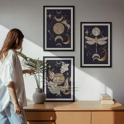 Juego de 3 cuadros motivos de la naturaleza con flores de luna