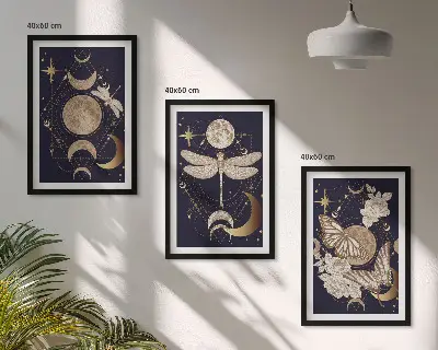 Juego de 3 cuadros motivos de la naturaleza con flores de luna
