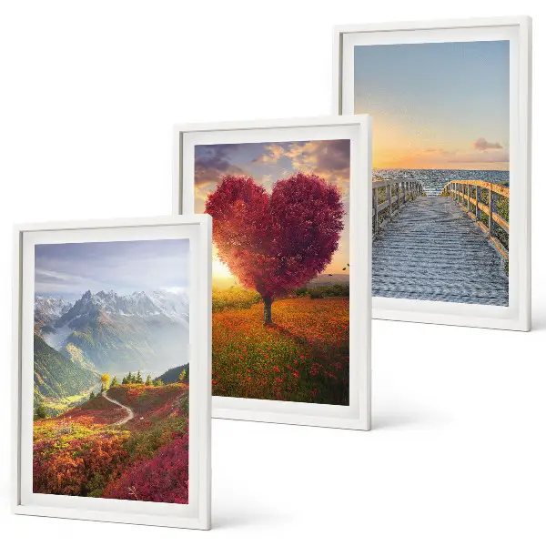Set de 3 cuadros para salón con diseño de paisajes de montañas con árbol en forma de corazón y muelle