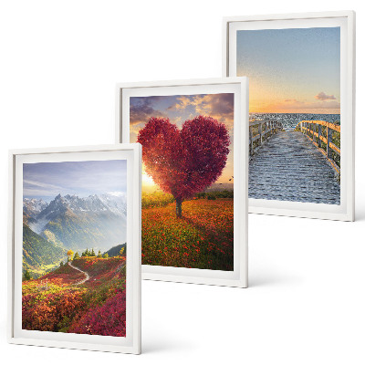 Set de 3 cuadros para salón Paisajes montañas árbol corazón muelle