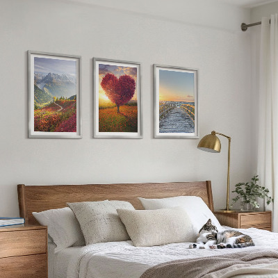 Set de 3 cuadros para salón Paisajes montañas árbol corazón muelle
