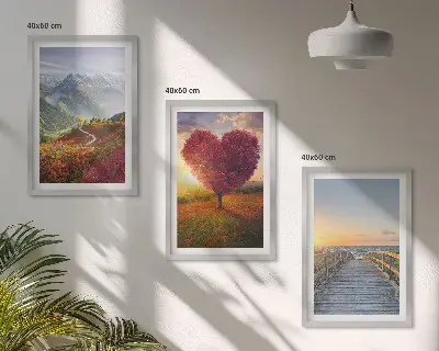 Set de 3 cuadros para salón con diseño de paisajes de montañas con árbol en forma de corazón y muelle