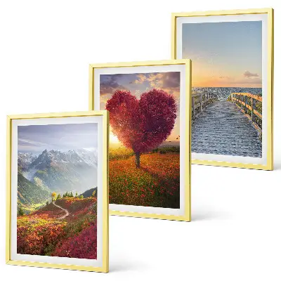 Set de 3 cuadros para salón con diseño de paisajes de montañas con árbol en forma de corazón y muelle