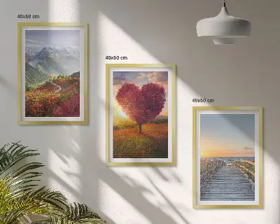 Set de 3 cuadros para salón con diseño de paisajes de montañas con árbol en forma de corazón y muelle