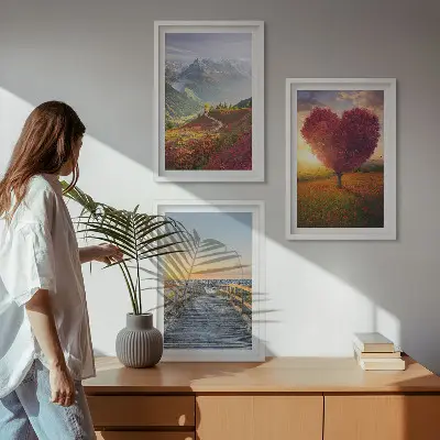 Set de 3 cuadros para salón con diseño de paisajes de montañas con árbol en forma de corazón y muelle