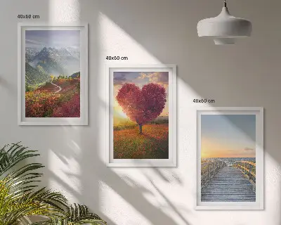 Set de 3 cuadros para salón con diseño de paisajes de montañas con árbol en forma de corazón y muelle