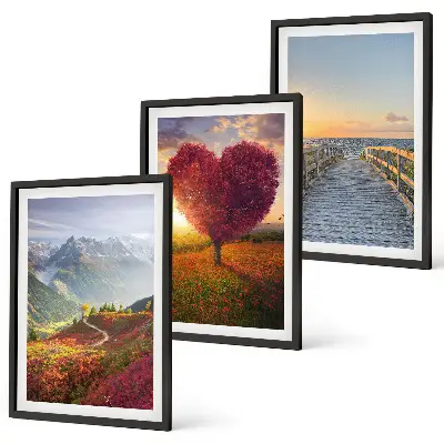 Set de 3 cuadros para salón con diseño de paisajes de montañas con árbol en forma de corazón y muelle