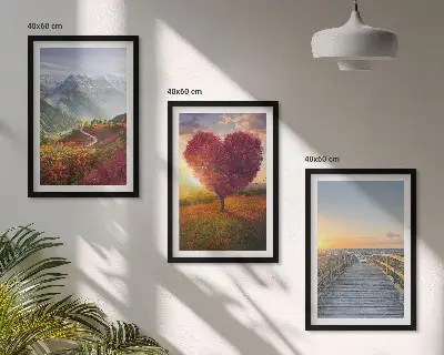Set de 3 cuadros para salón con diseño de paisajes de montañas con árbol en forma de corazón y muelle