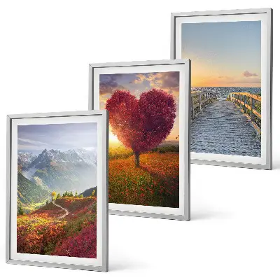 Set de 3 cuadros para salón con diseño de paisajes de montañas con árbol en forma de corazón y muelle