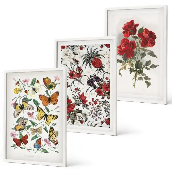 Set de 3 cuadros para salón con diseño de mariposas, flores y rosas rojas