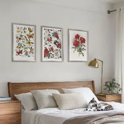 Set de 3 cuadros para salón con diseño de mariposas, flores y rosas rojas