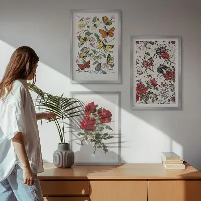 Set de 3 cuadros para salón con diseño de mariposas, flores y rosas rojas