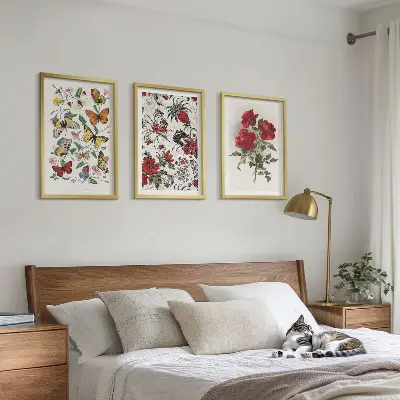 Set de 3 cuadros para salón con diseño de mariposas, flores y rosas rojas