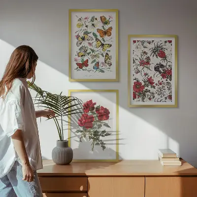 Set de 3 cuadros para salón con diseño de mariposas, flores y rosas rojas