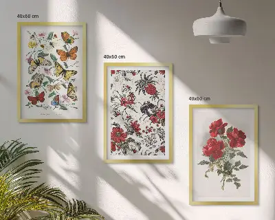 Set de 3 cuadros para salón con diseño de mariposas, flores y rosas rojas