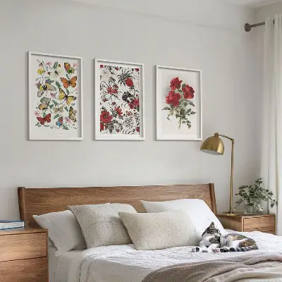 Set de 3 cuadros para salón con diseño de mariposas, flores y rosas rojas