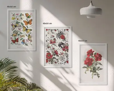 Set de 3 cuadros para salón con diseño de mariposas, flores y rosas rojas