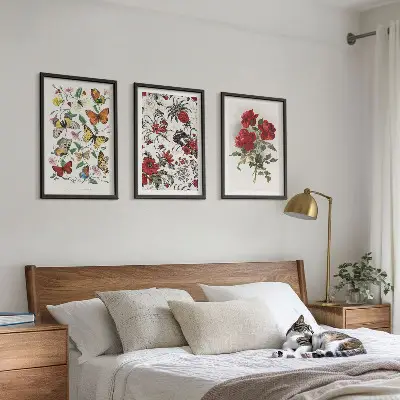 Set de 3 cuadros para salón con diseño de mariposas, flores y rosas rojas