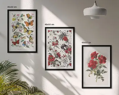 Set de 3 cuadros para salón con diseño de mariposas, flores y rosas rojas