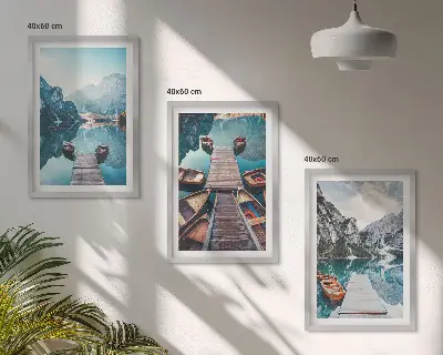 Juego de 3 cuadros muelles del lago con barcos y ambiente de paz