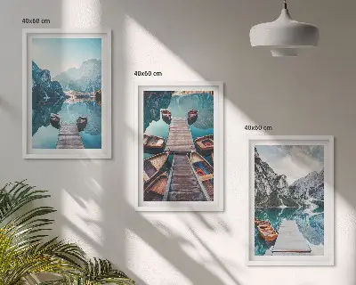 Juego de 3 cuadros muelles del lago con barcos y ambiente de paz