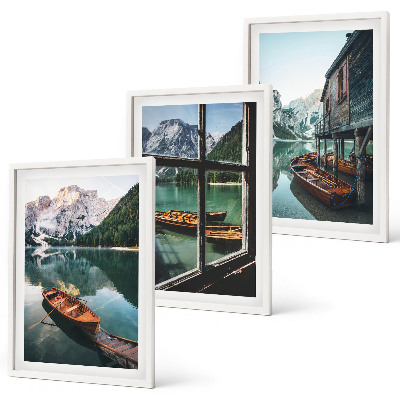 Set de 3 cuadros para salón Casa de botes del lago de montaña