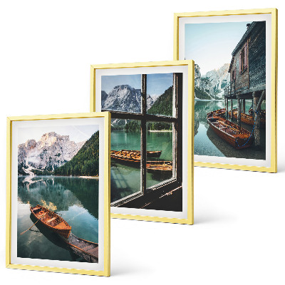 Set de 3 cuadros para salón Casa de botes del lago de montaña