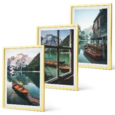 Set de 3 cuadros para salón con diseño de casa de botes en el lago de montaña