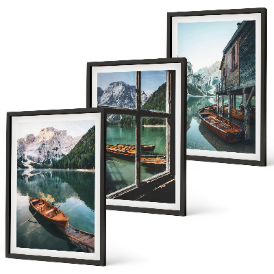 Set de 3 cuadros para salón Casa de botes del lago de montaña