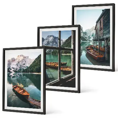 Set de 3 cuadros para salón con diseño de casa de botes en el lago de montaña