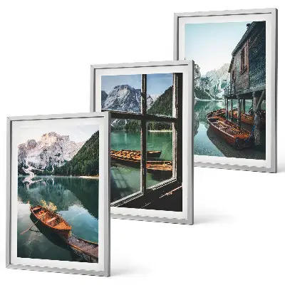Set de 3 cuadros para salón con diseño de casa de botes en el lago de montaña