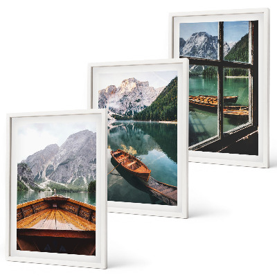 Juego de 3 cuadros Ventana de barcos en el lago de montaña