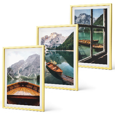 Juego de 3 cuadros Ventana de barcos en el lago de montaña