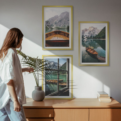 Juego de 3 cuadros Ventana de barcos en el lago de montaña