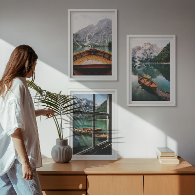 Juego de 3 cuadros Ventana de barcos en el lago de montaña