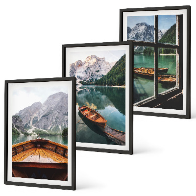 Juego de 3 cuadros Ventana de barcos en el lago de montaña